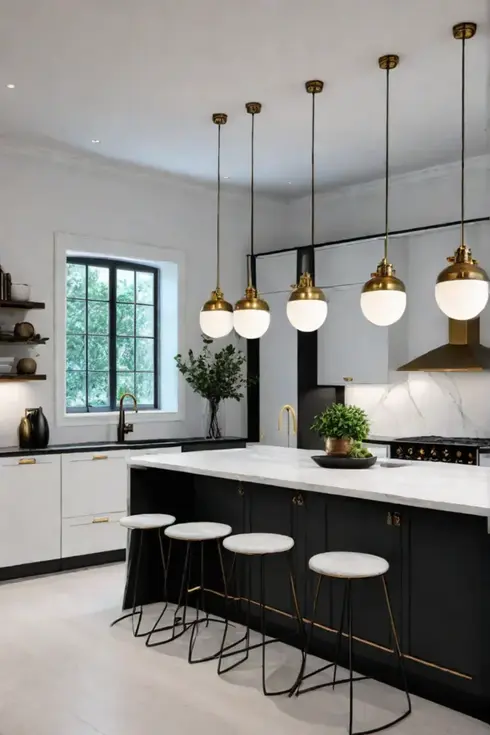 Sleek white kitchen with brass accents and eye-catching lighting