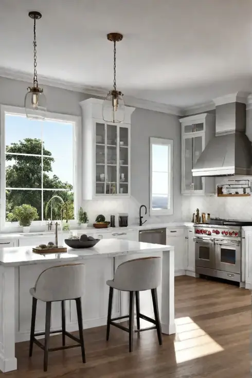 Inviting white kitchen with warm lighting and open shelving