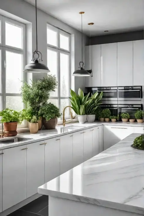 White kitchen with lots of greenery and natural elements for a fresh feeling