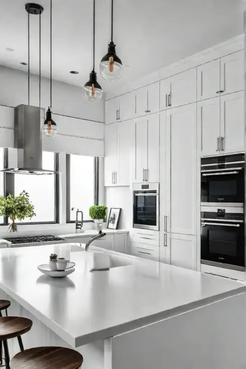 Minimalist white kitchen with clean lines and modern appliances