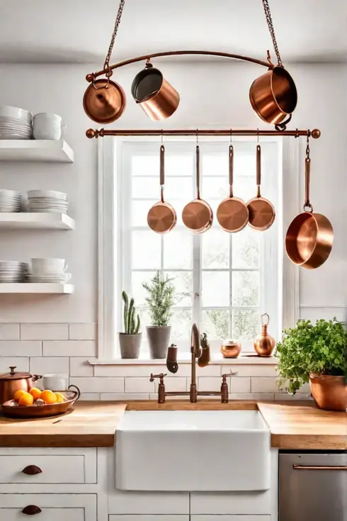 Inviting white kitchen with copper accents and farmhouse touches