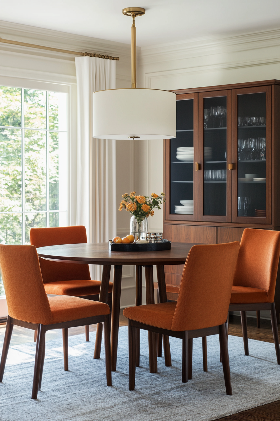 A warm palette of orange, teak and cream for a cozy mid-century look.