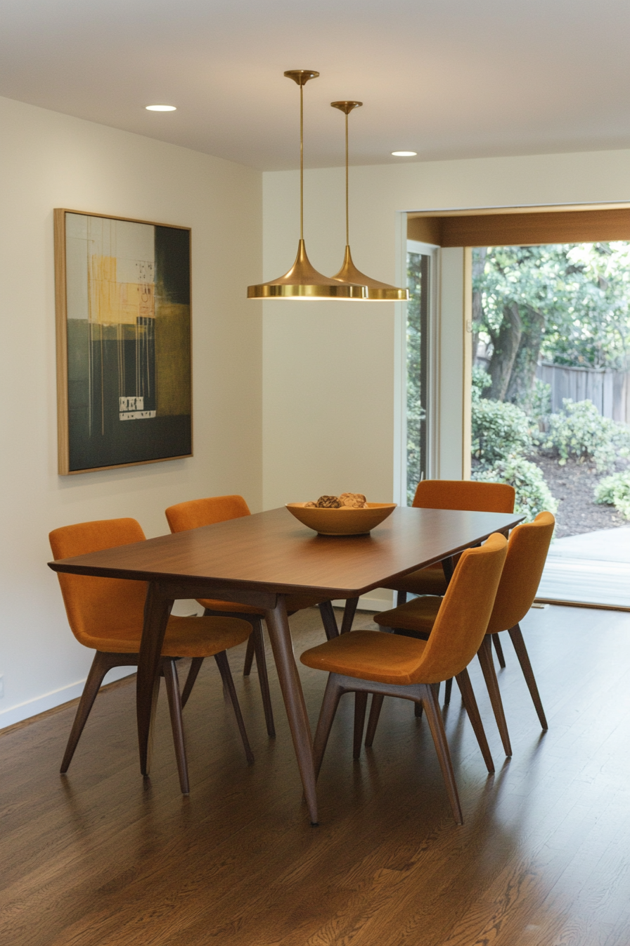 A warm palette of orange, teak and cream for a cozy mid-century look.