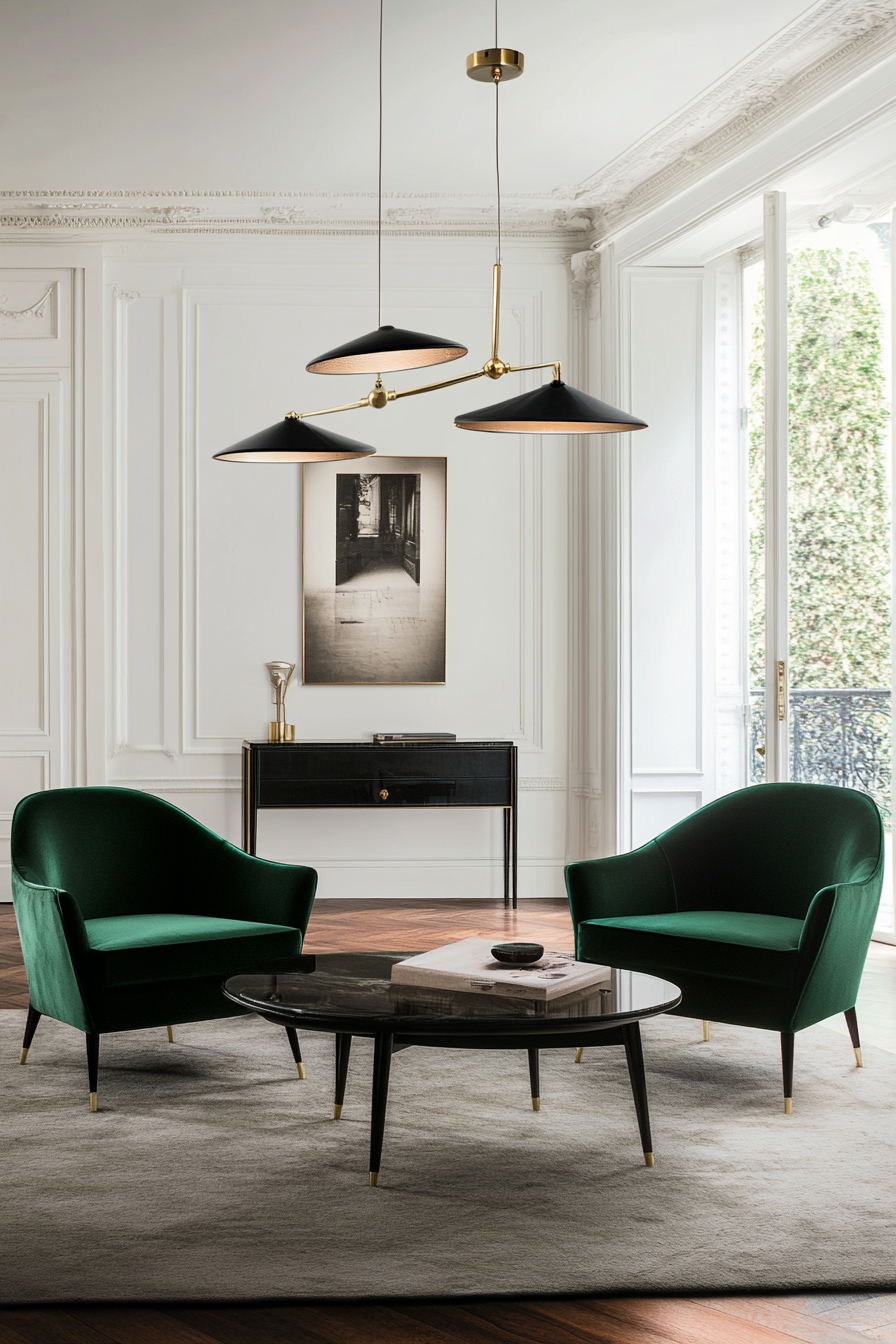 Emerald green and black accents for an elegant mid-century space.