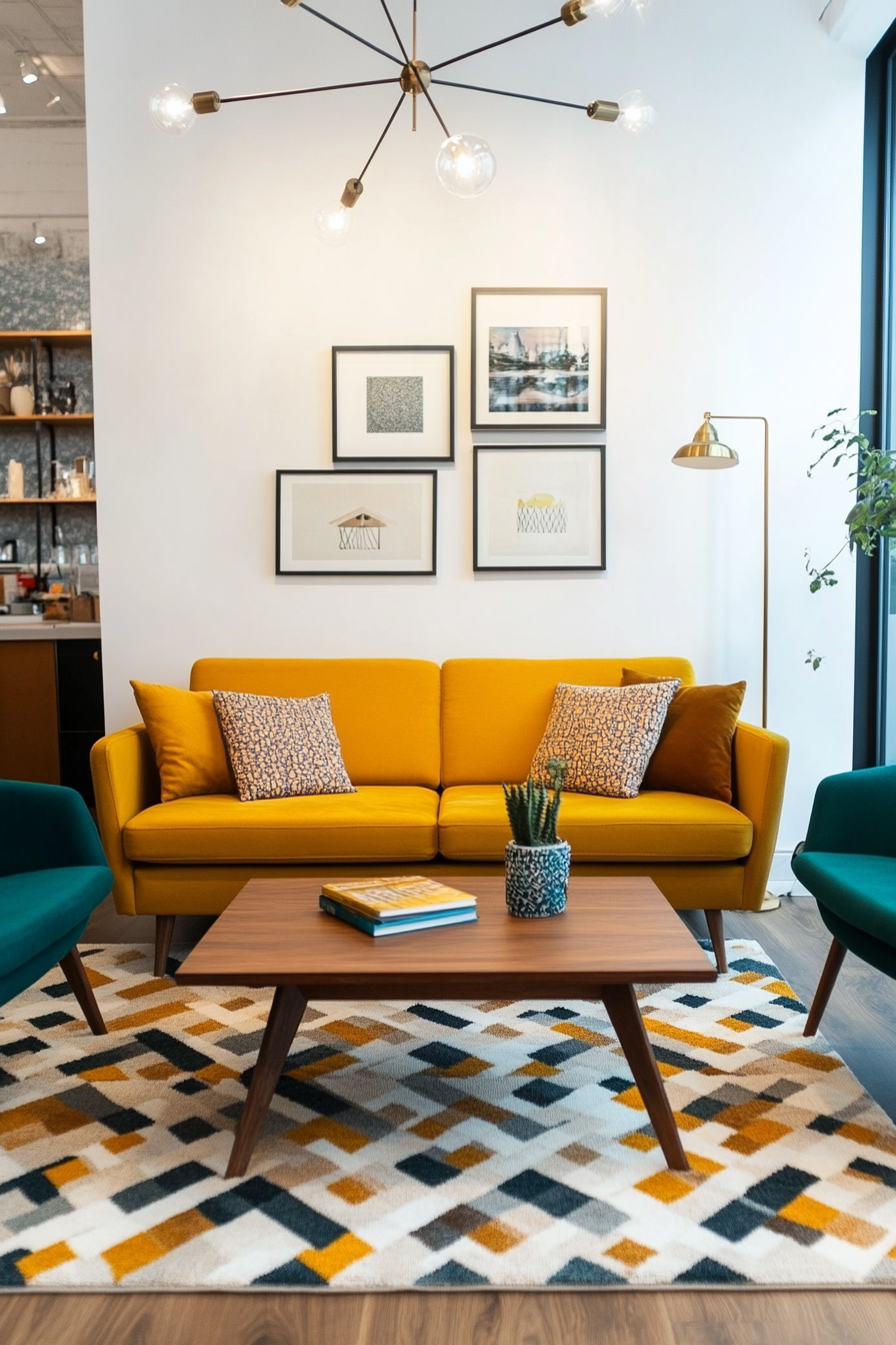 A bold combination of mustard yellow and teal for a vintage yet modern aesthetic.