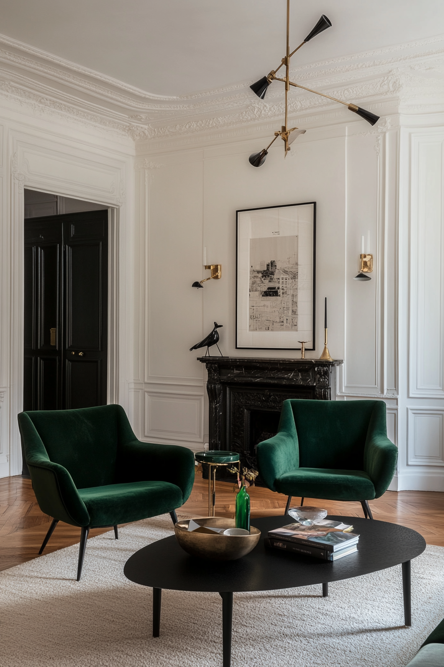 Emerald green and black accents for an elegant mid-century space.