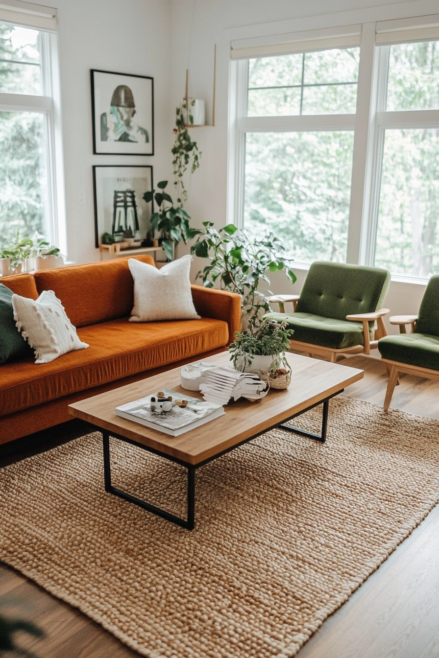 Burnt orange and olive green for a natural and cozy mid-century vibe.