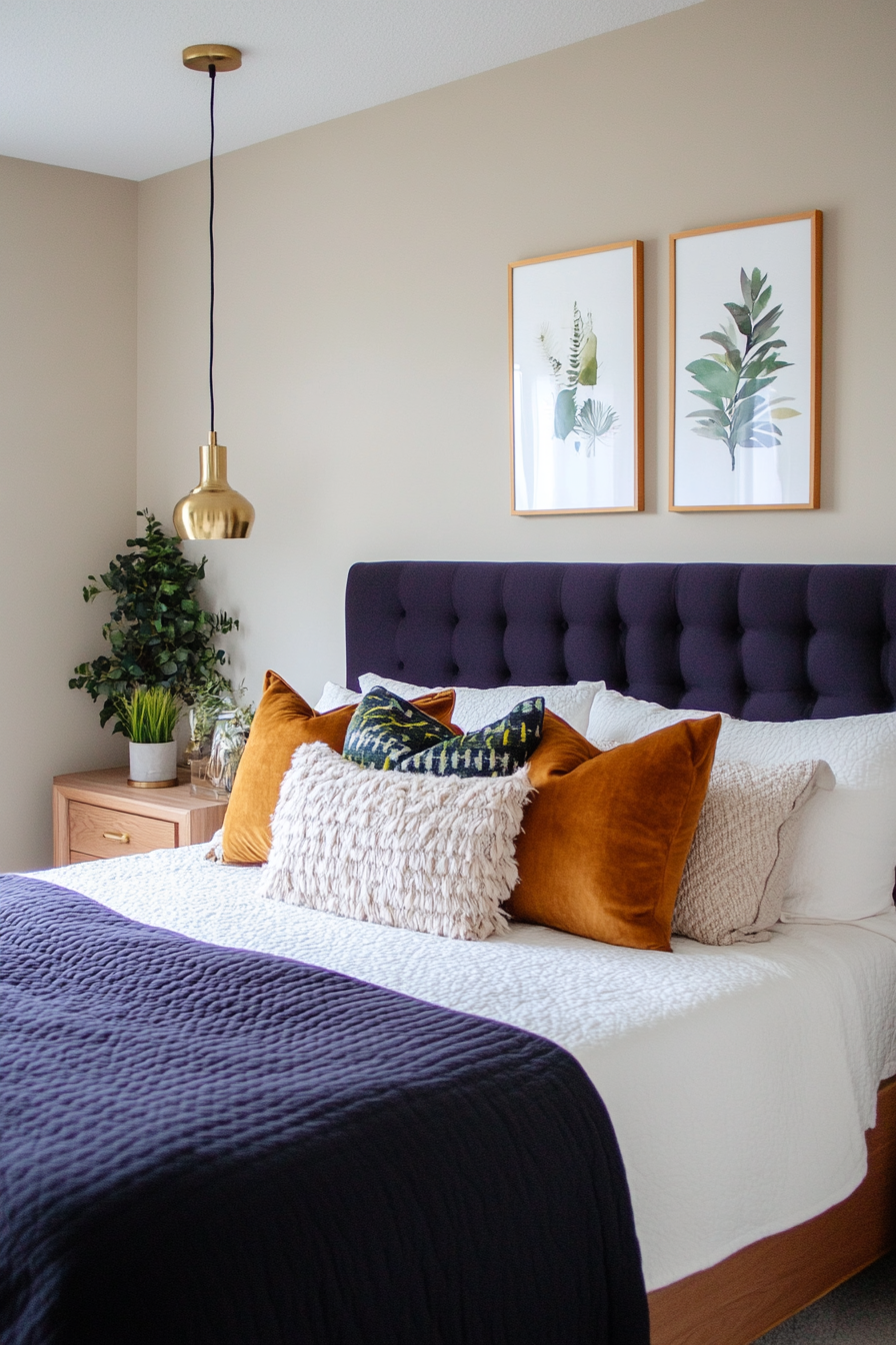 A luxurious mix of purple, tan and brass for a vintage-inspired space.