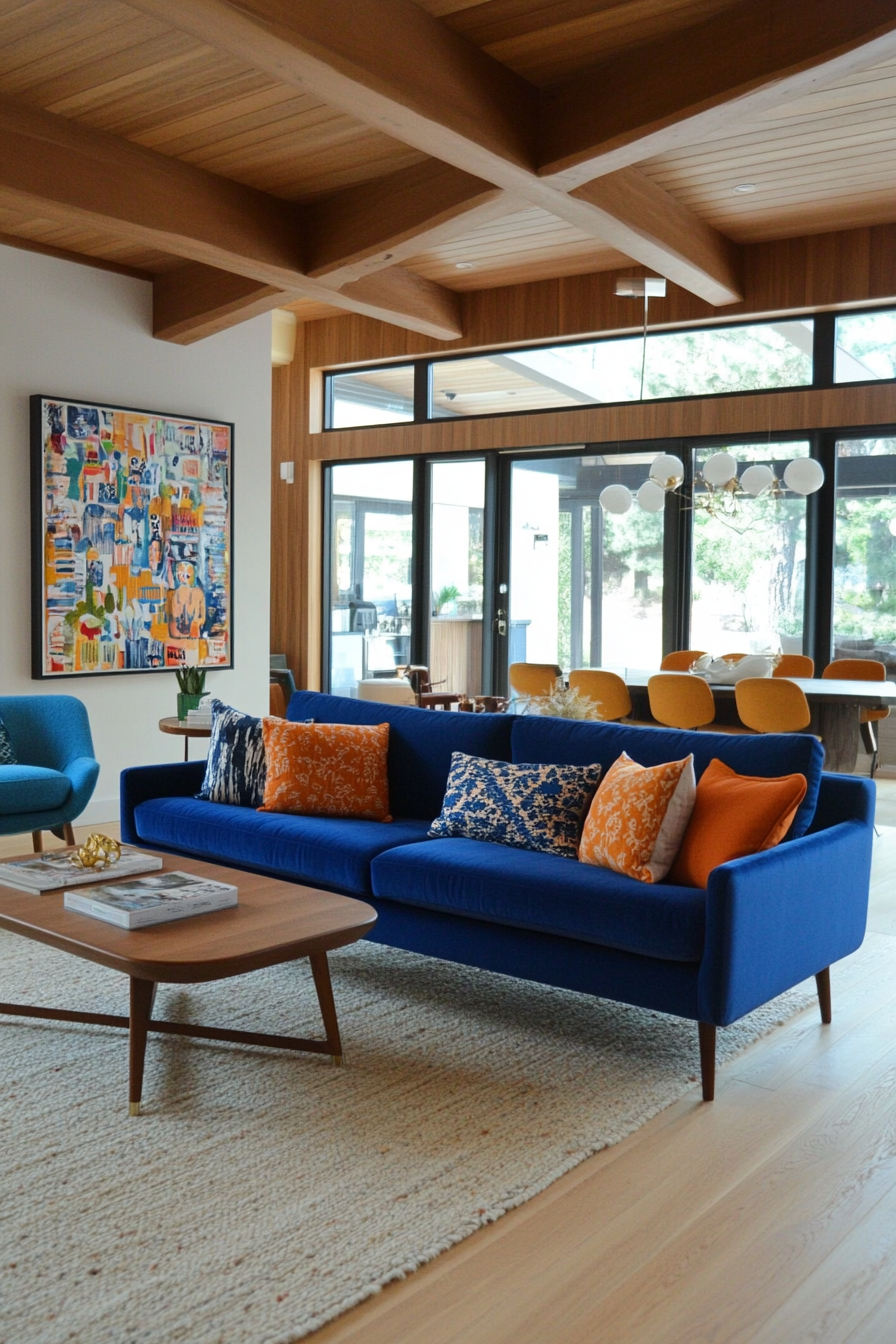 A vibrant mix of cobalt blue and turquoise for a fresh and vibrant mid-century space.