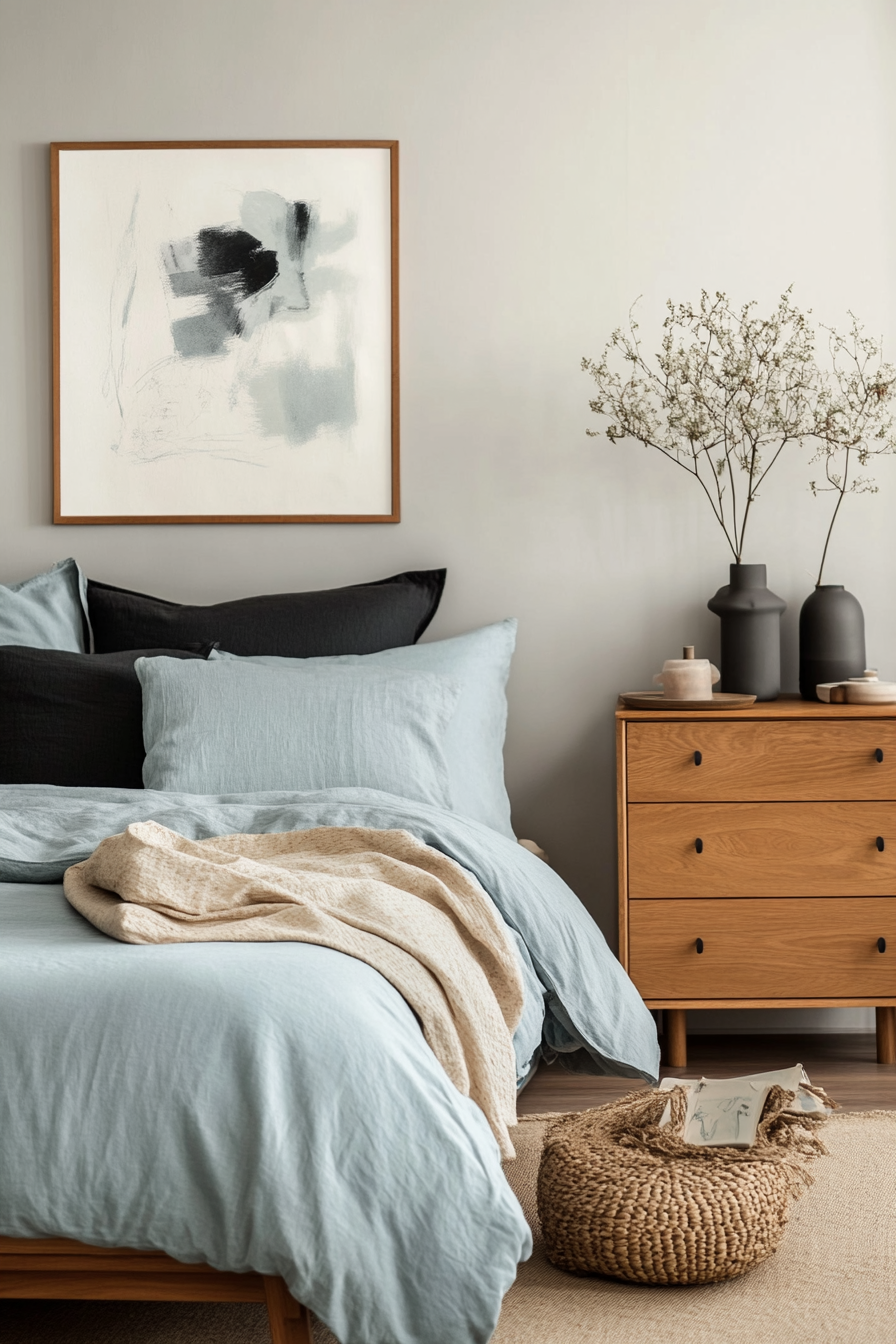 A calming combination of warm gray and light blue for a subtle mid-century look.