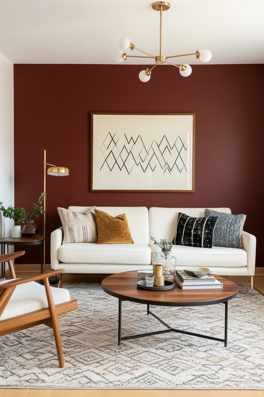 Vibrant maroon and off-white for a bold but balanced mid-century look.