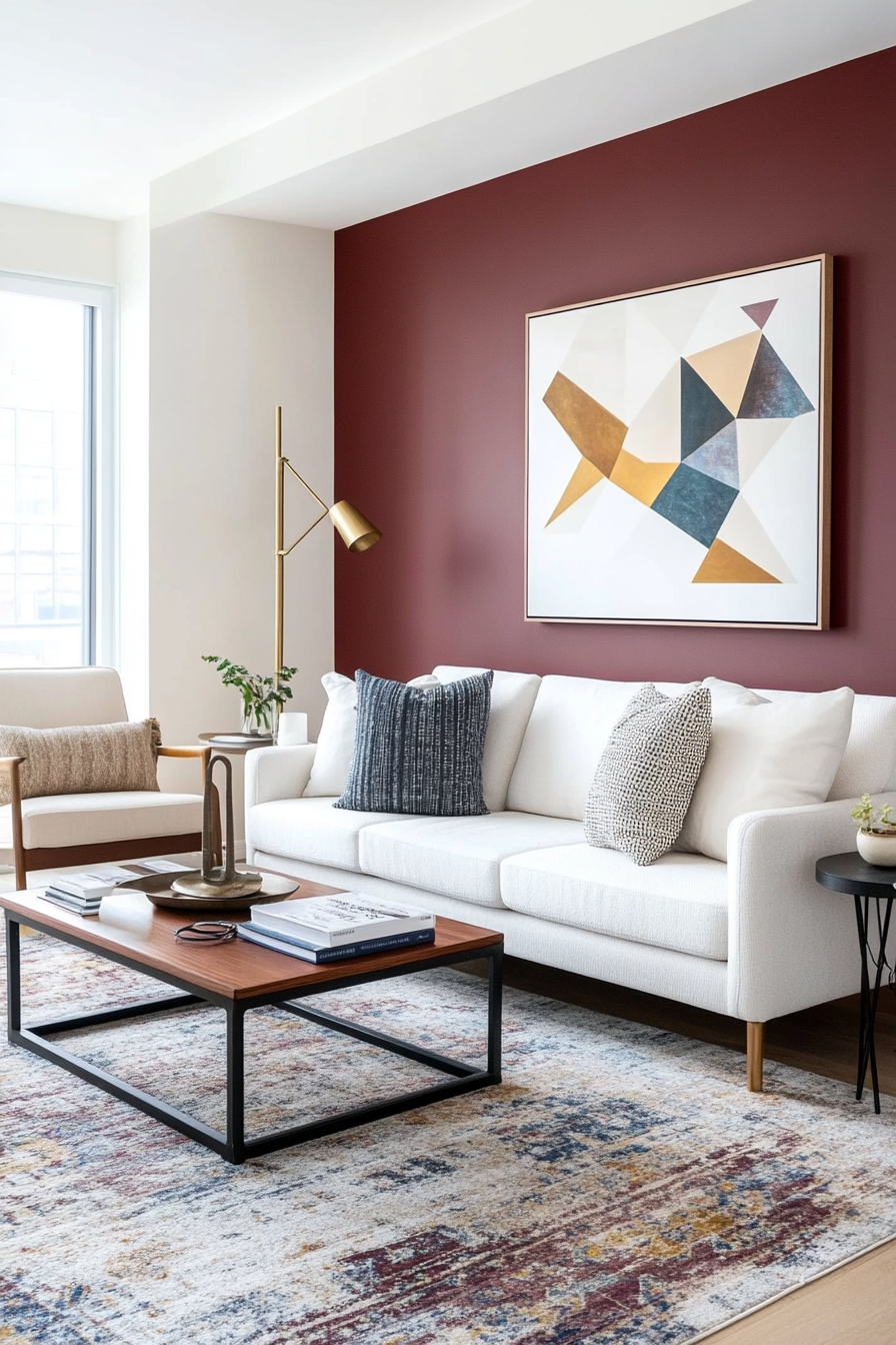 Vibrant maroon and off-white for a bold but balanced mid-century look.