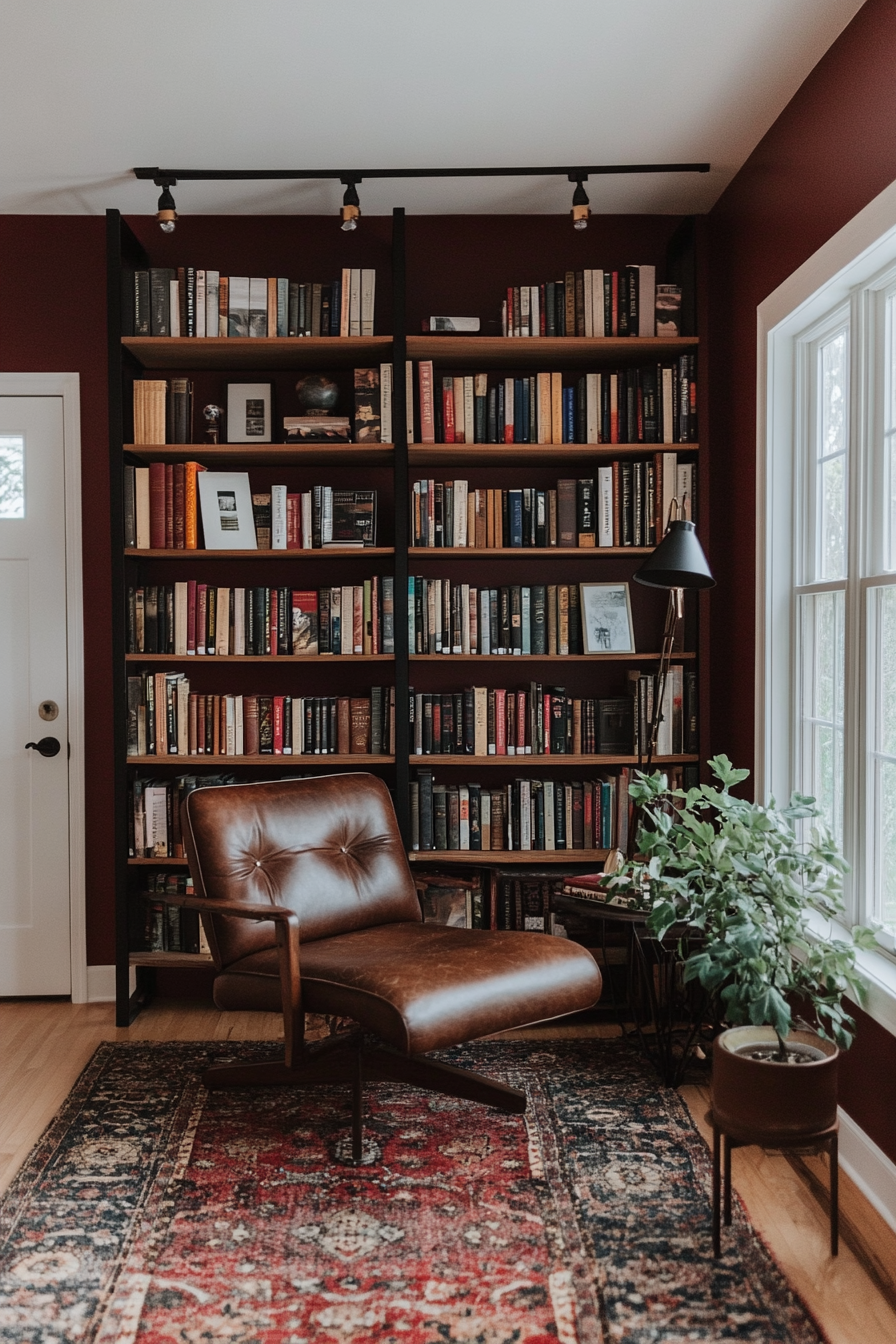 Deep red and natural wood tones for a cozy, down-to-earth mid-century design.