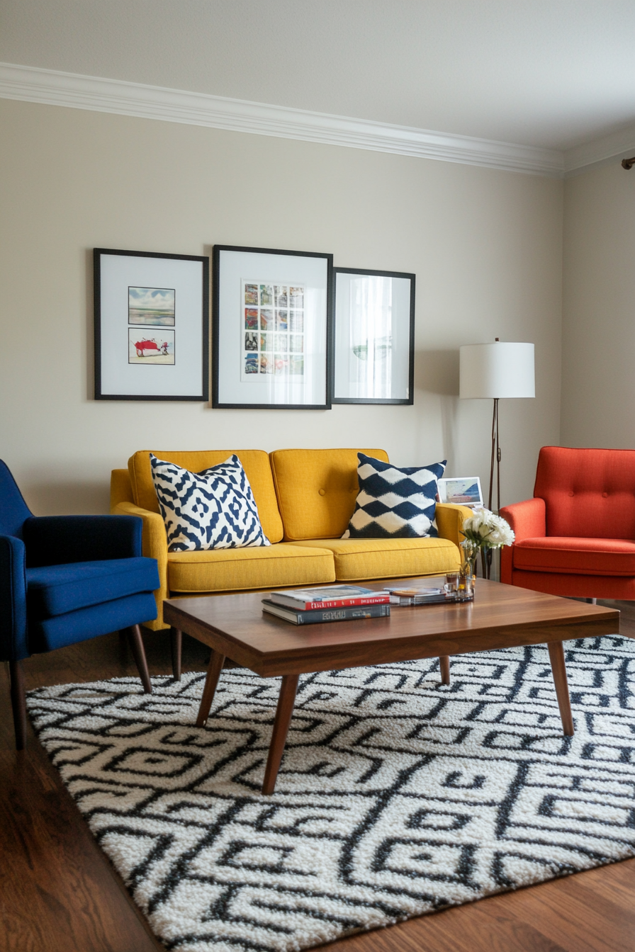 A playful mix of primary colors and wood accents for a classic mid-century look.