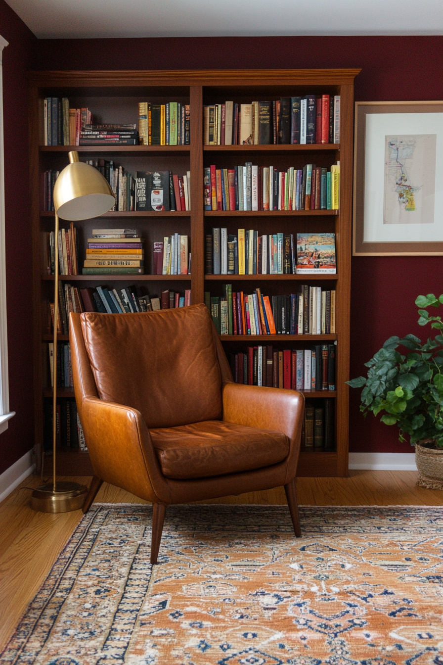 Deep red and natural wood tones for a cozy, down-to-earth mid-century design.