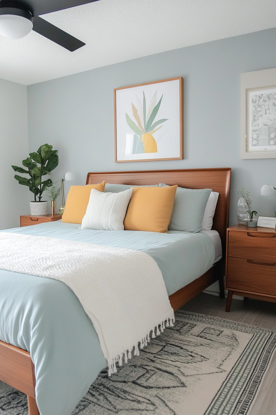 A calming mix of smoky gray and pastel blue for a minimalist mid-century aesthetic.