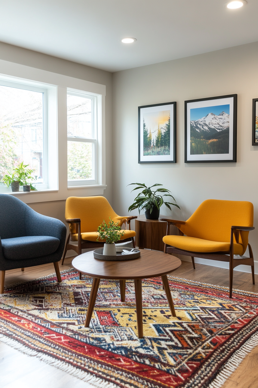 A playful mix of primary colors and wood accents for a classic mid-century look.