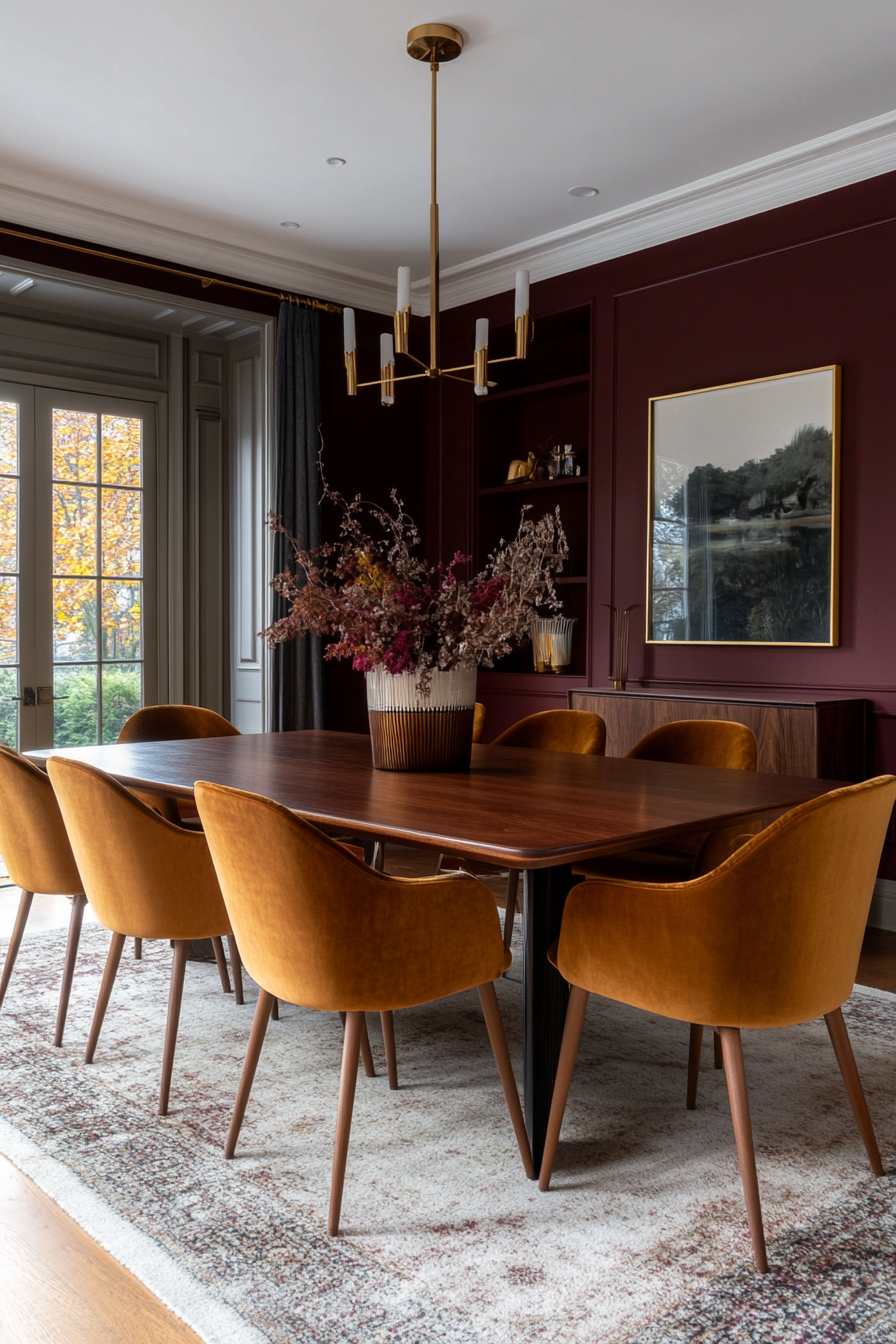 Burgundy and ocher yellow for a rich, warm mid-century palette.