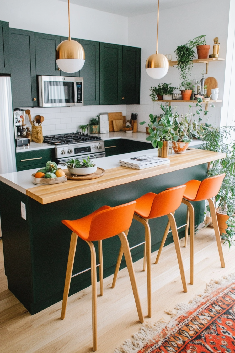 Forest green and bright orange for a bold and earthy mid-century look.