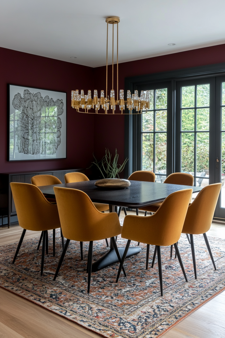 Burgundy and ocher yellow for a rich, warm mid-century palette.