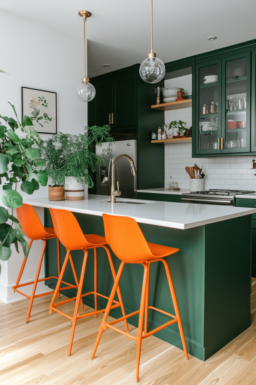 Forest green and bright orange for a bold and earthy mid-century look.