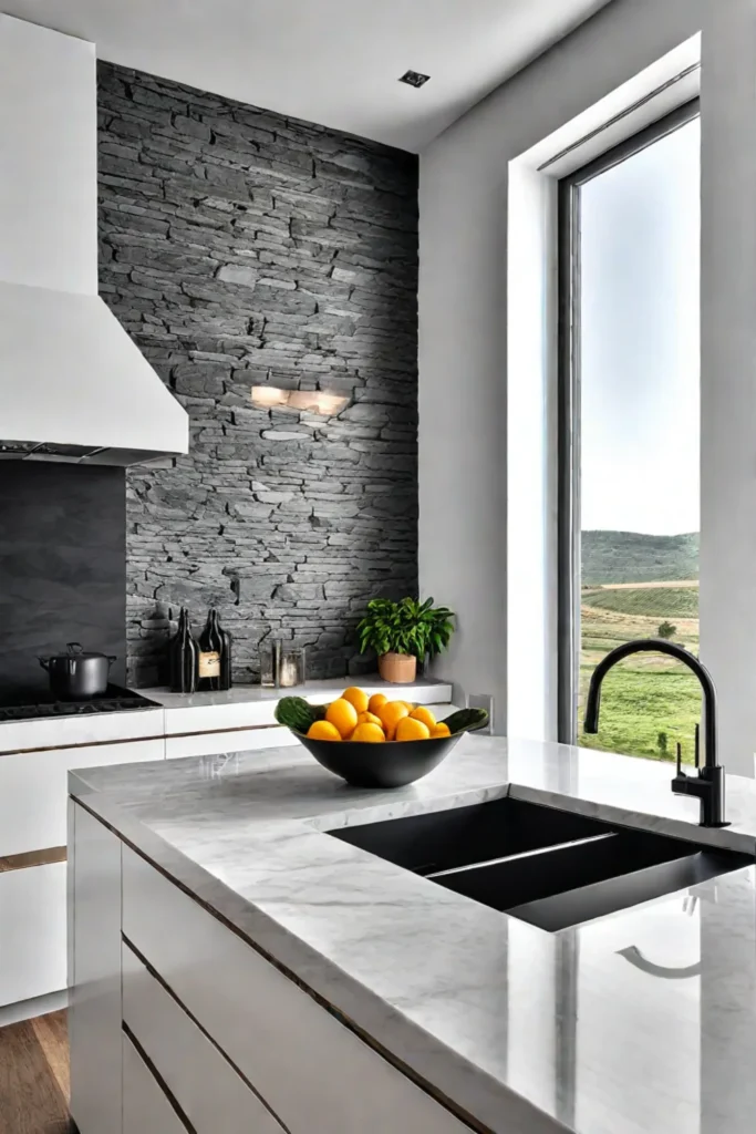 Natural stone back wall in white kitchen