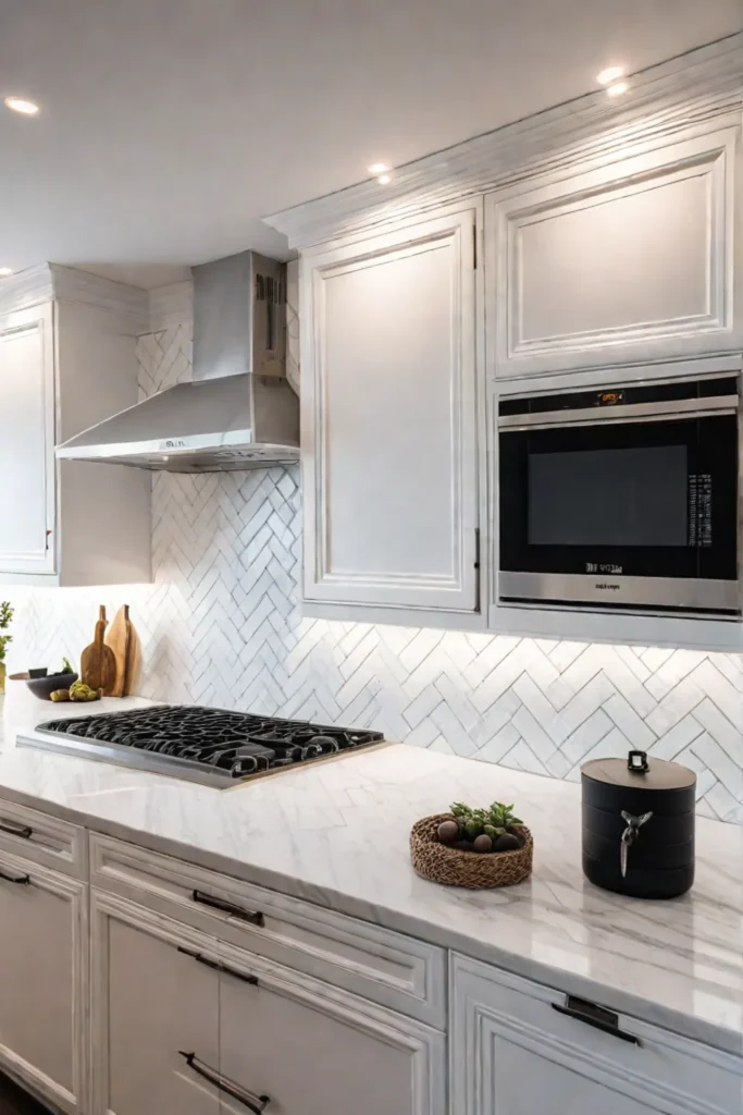 Herringbone splashback in a white kitchen