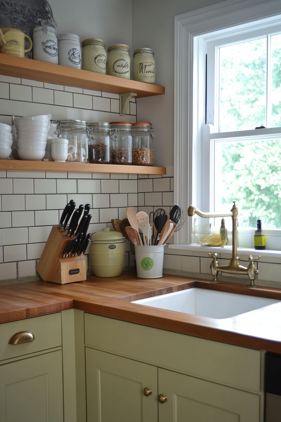 Subway tiles paired with butcher block counters and brass hardware