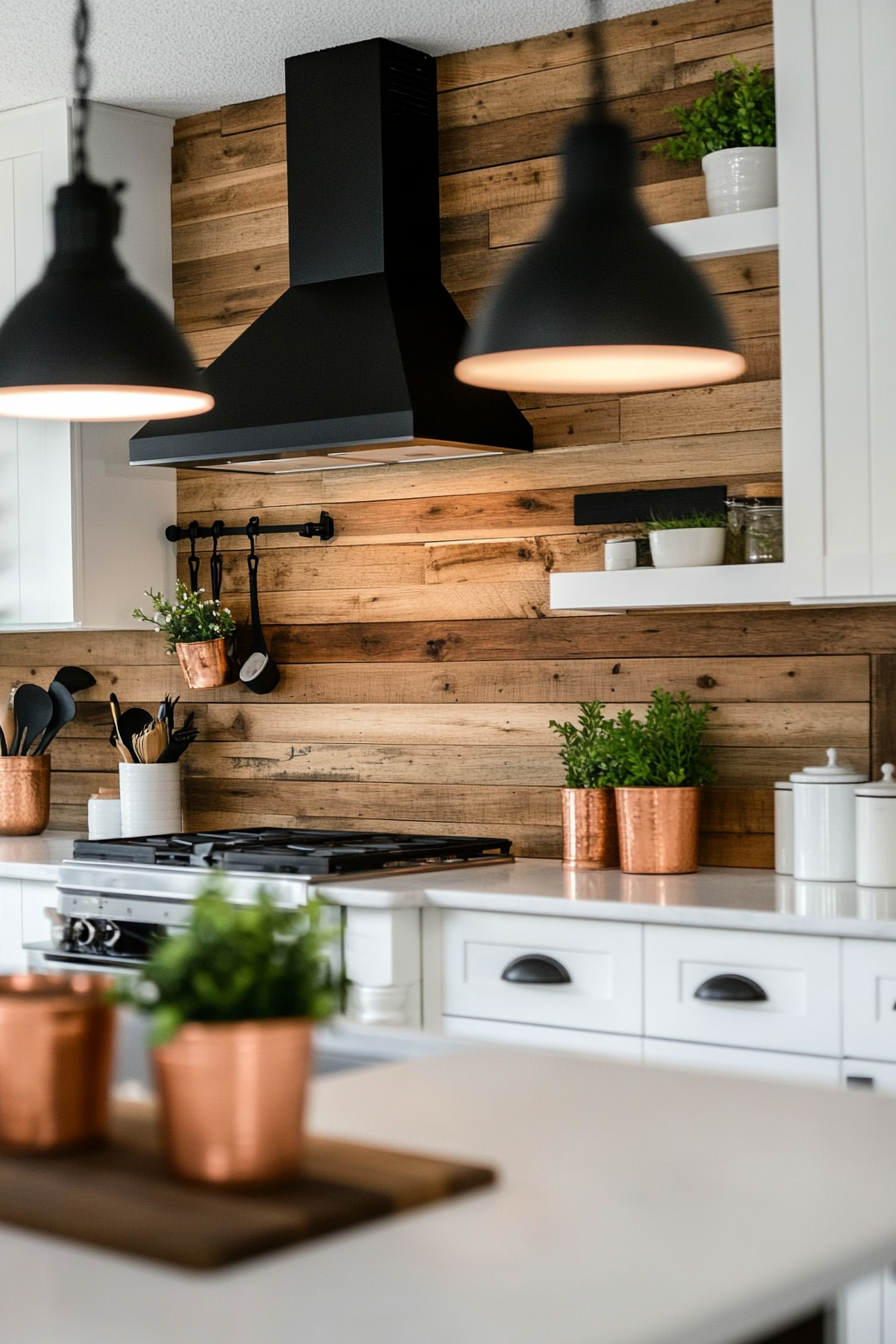 Back wall made of recycled wood paired with copper decor