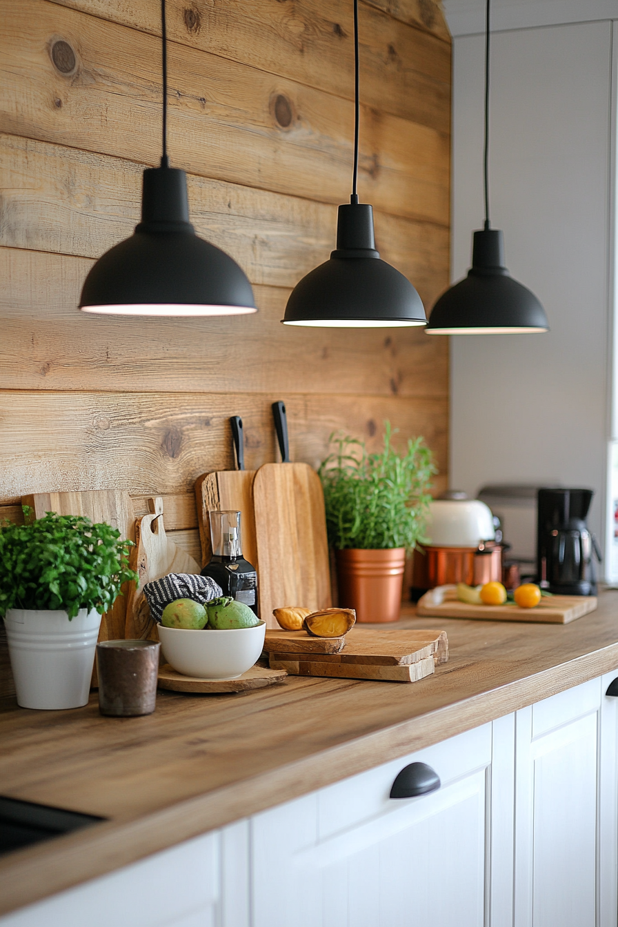 Reclaimed wood backsplash in a rustic farmhouse kitchen