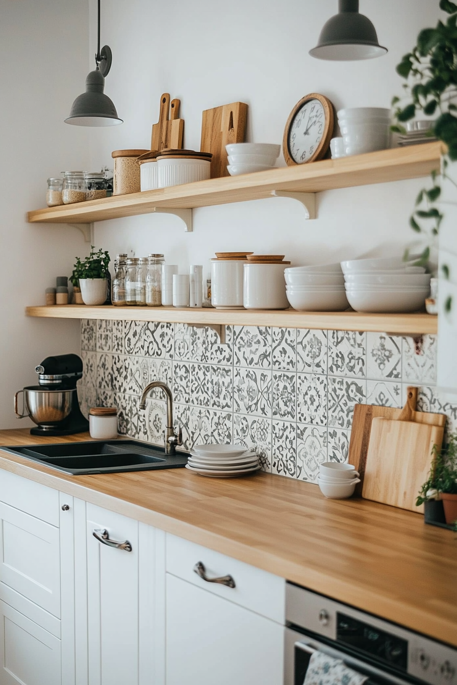 Patterned cement tiles with navy blue cabinets