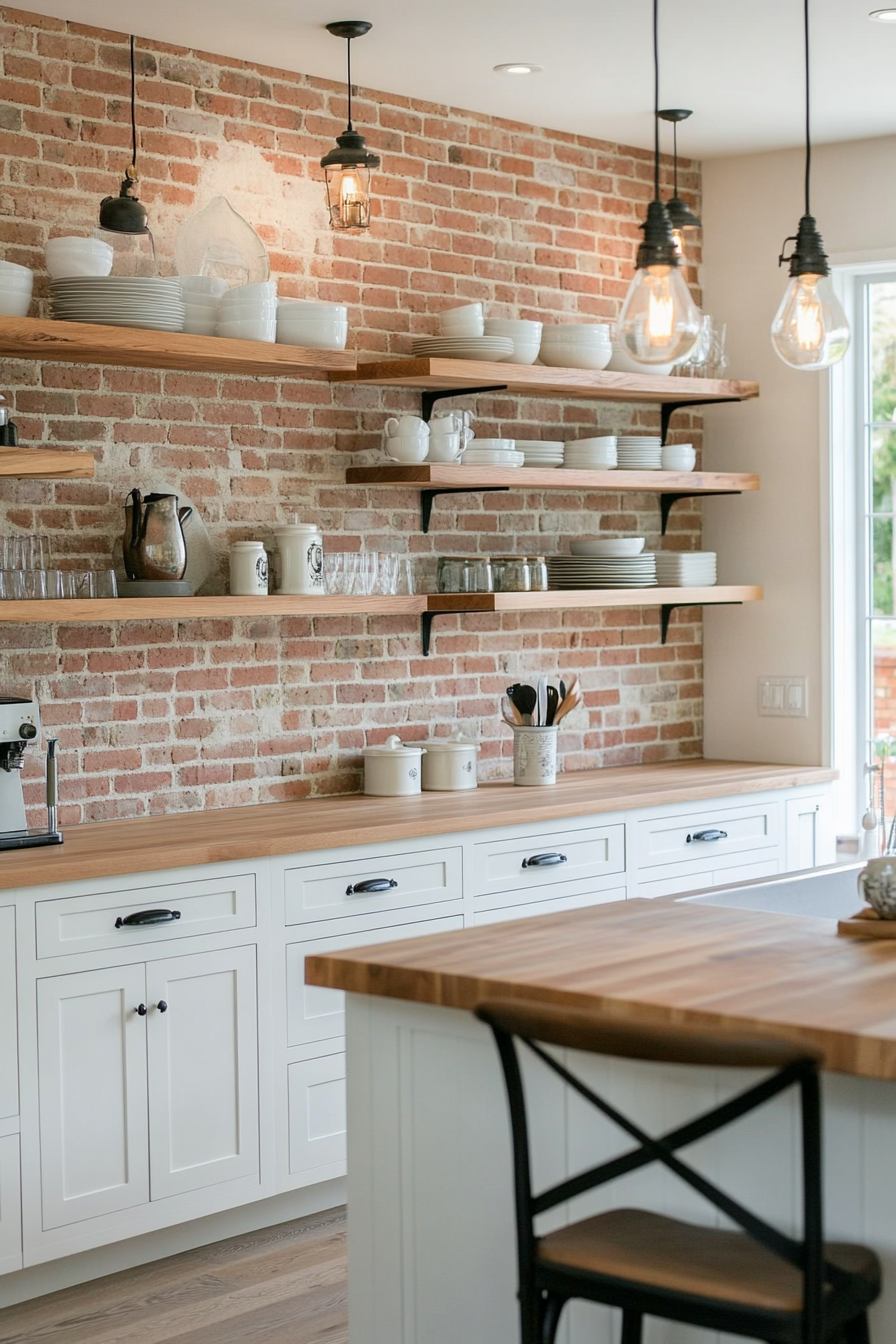 Back wall made of whitewashed brick with green accents