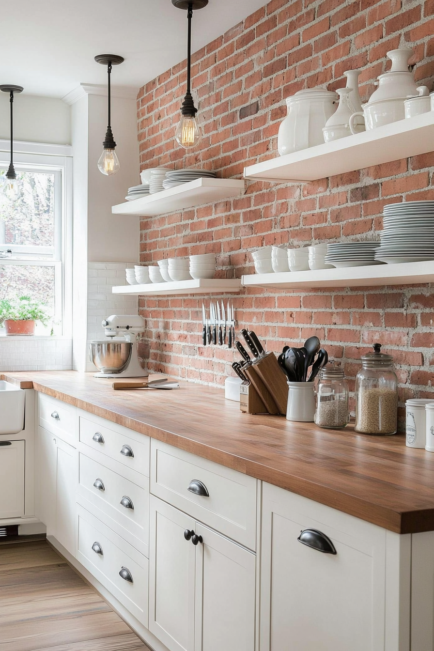 Brick veneer backsplash in red tones