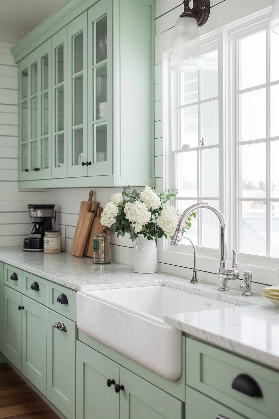 Overlap paired with farmhouse sink and tiered decor