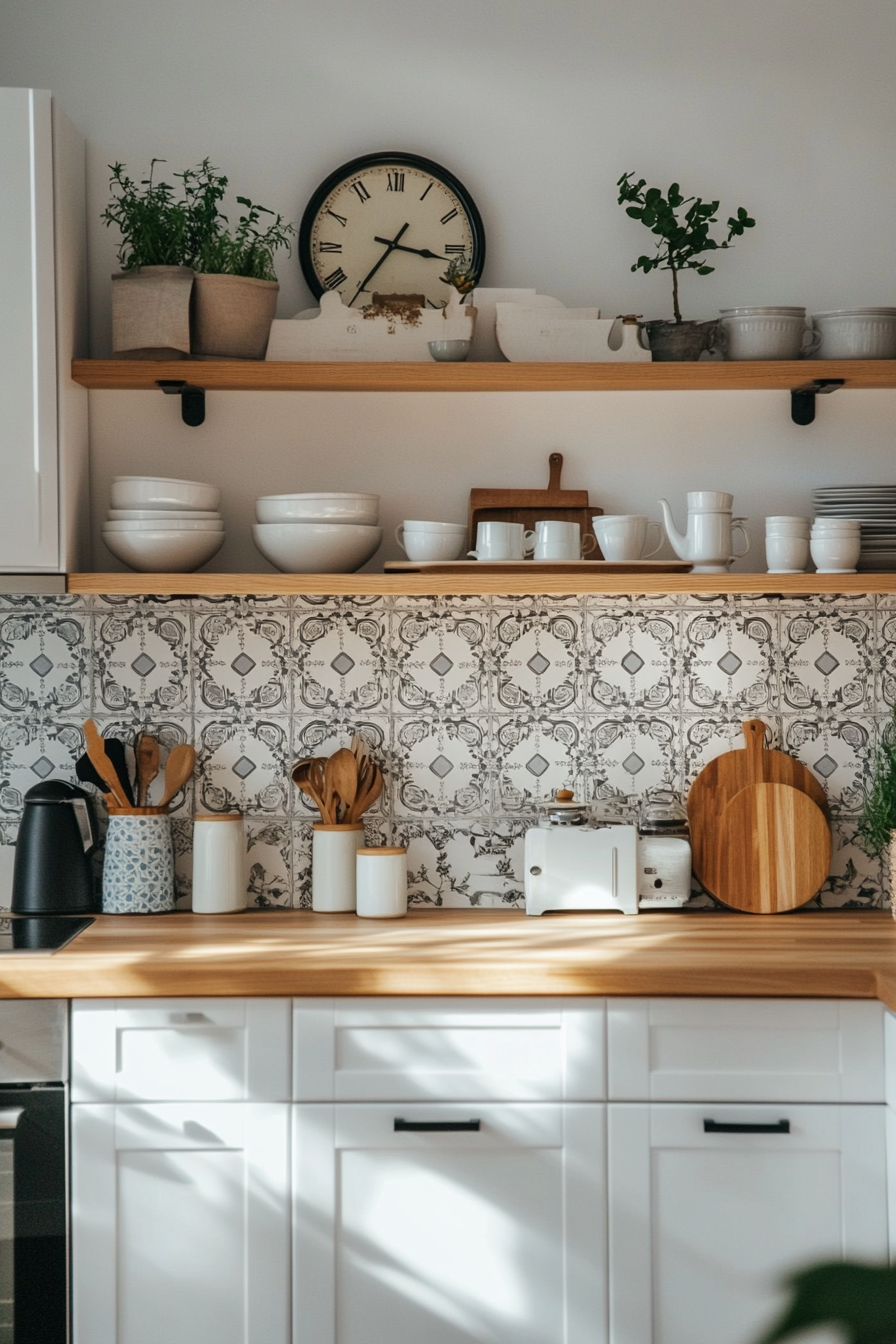 Patterned cement tile backsplash in muted tones