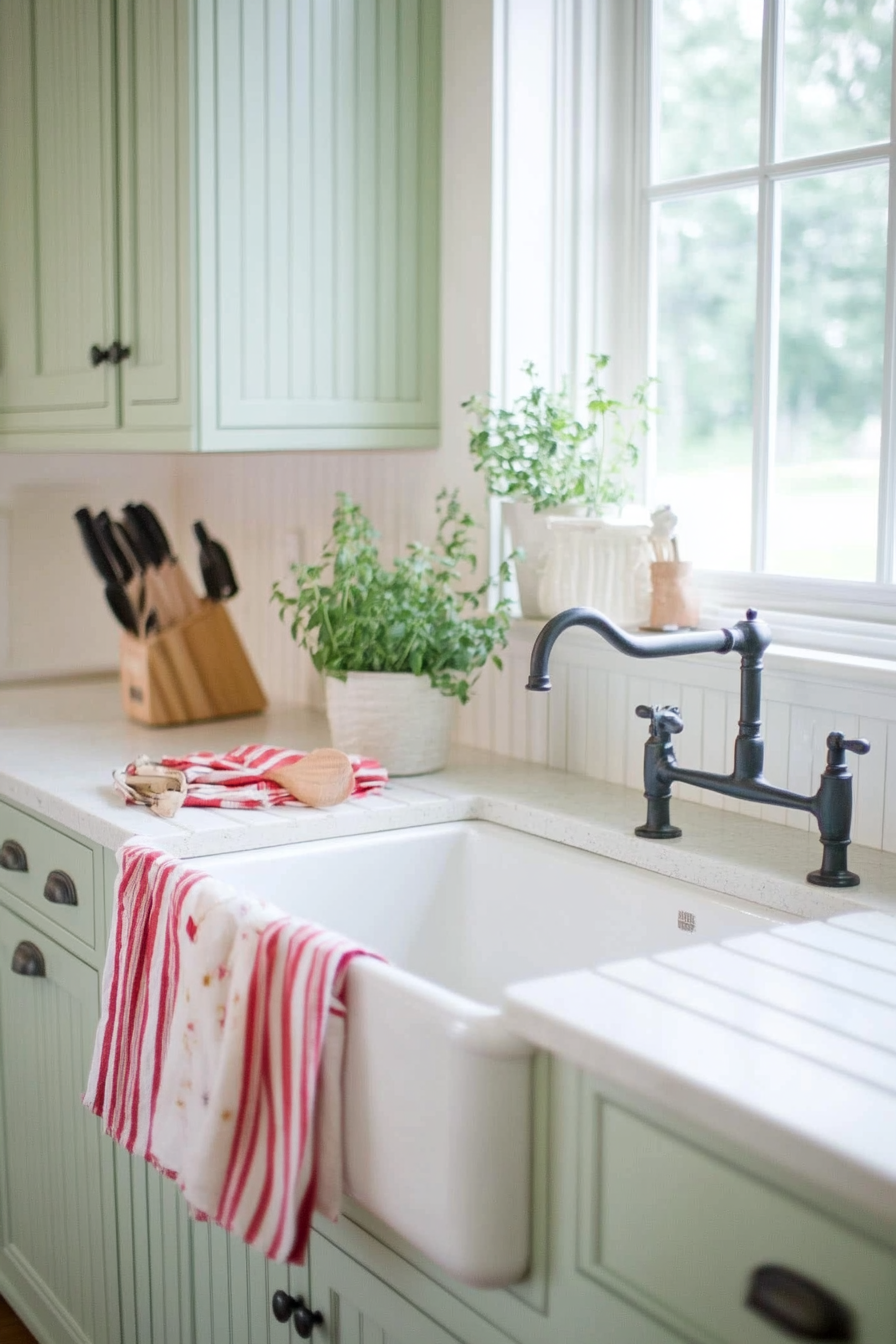 Back wall made of white beadboard in a cozy farmhouse kitchen