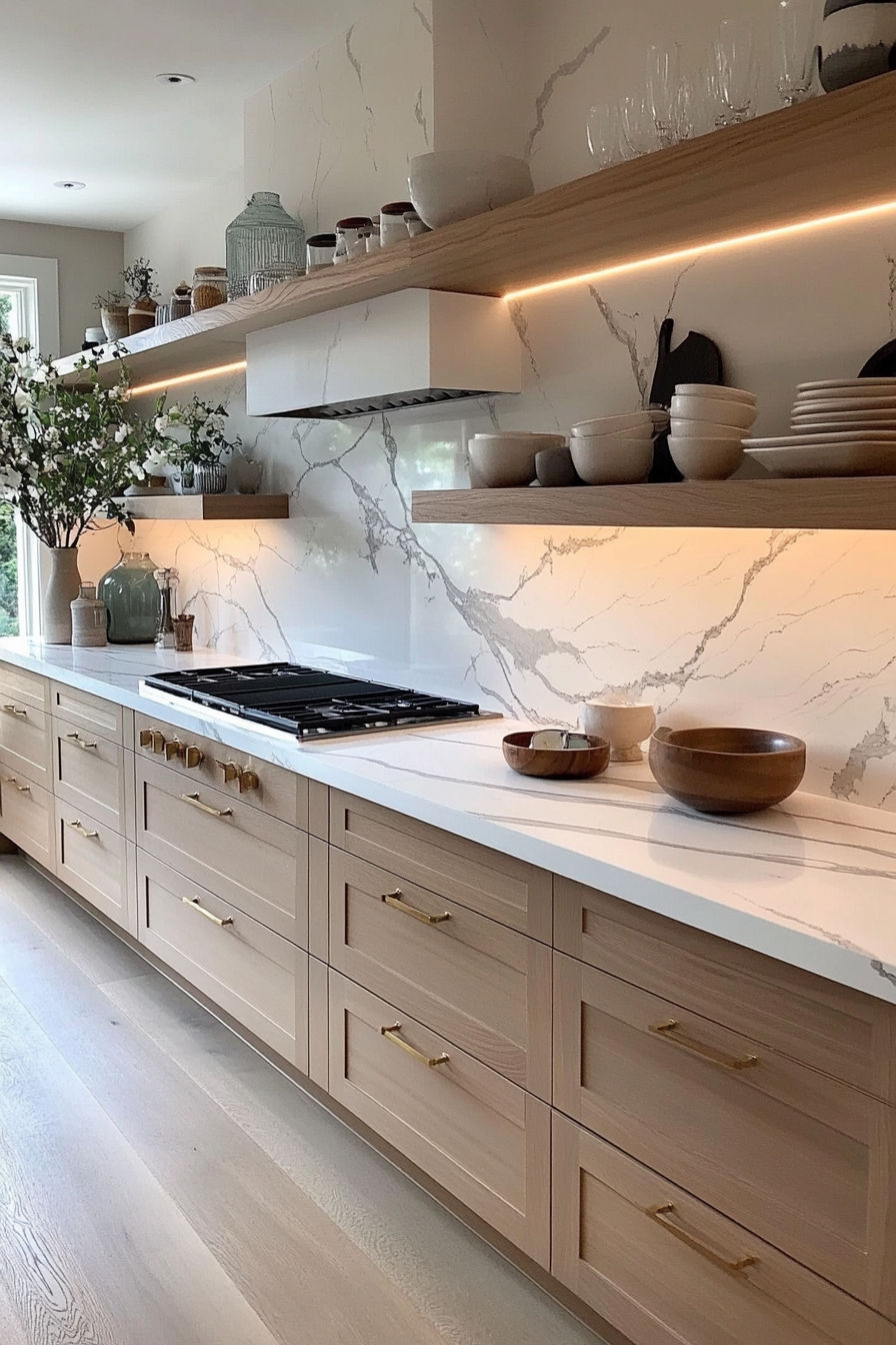 Marble backsplash paired with brass fittings and fresh flowers