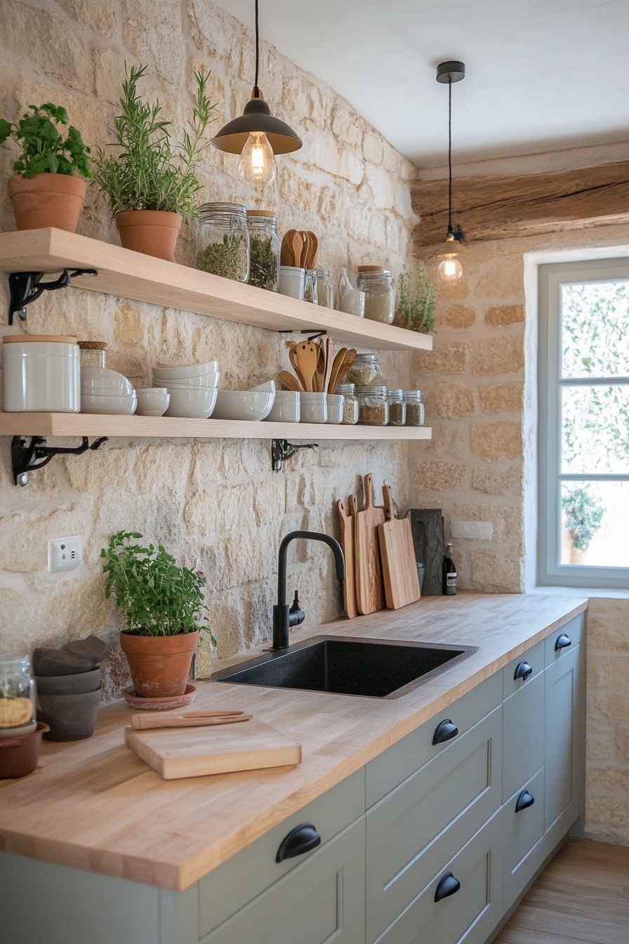 Rustic stacked stone backsplash with warm tones