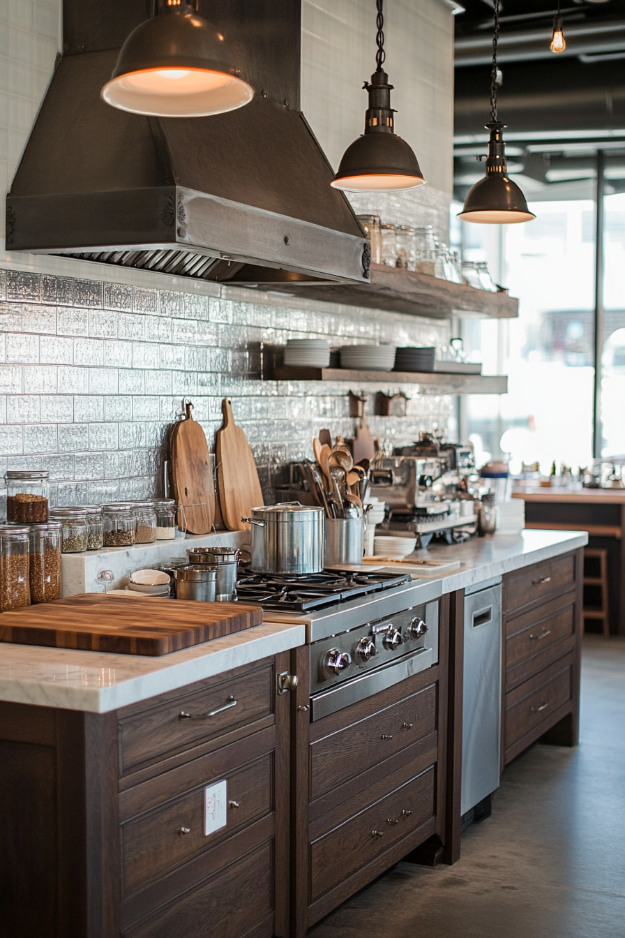 Tin tile backsplash with antique decor elements