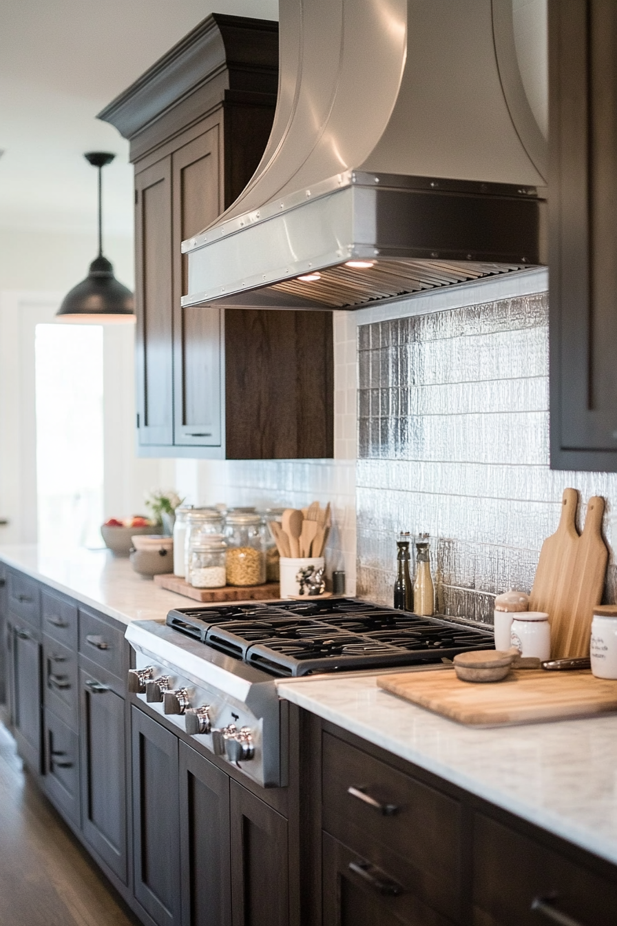 Backsplash made of tin tiles with intricate embossed patterns