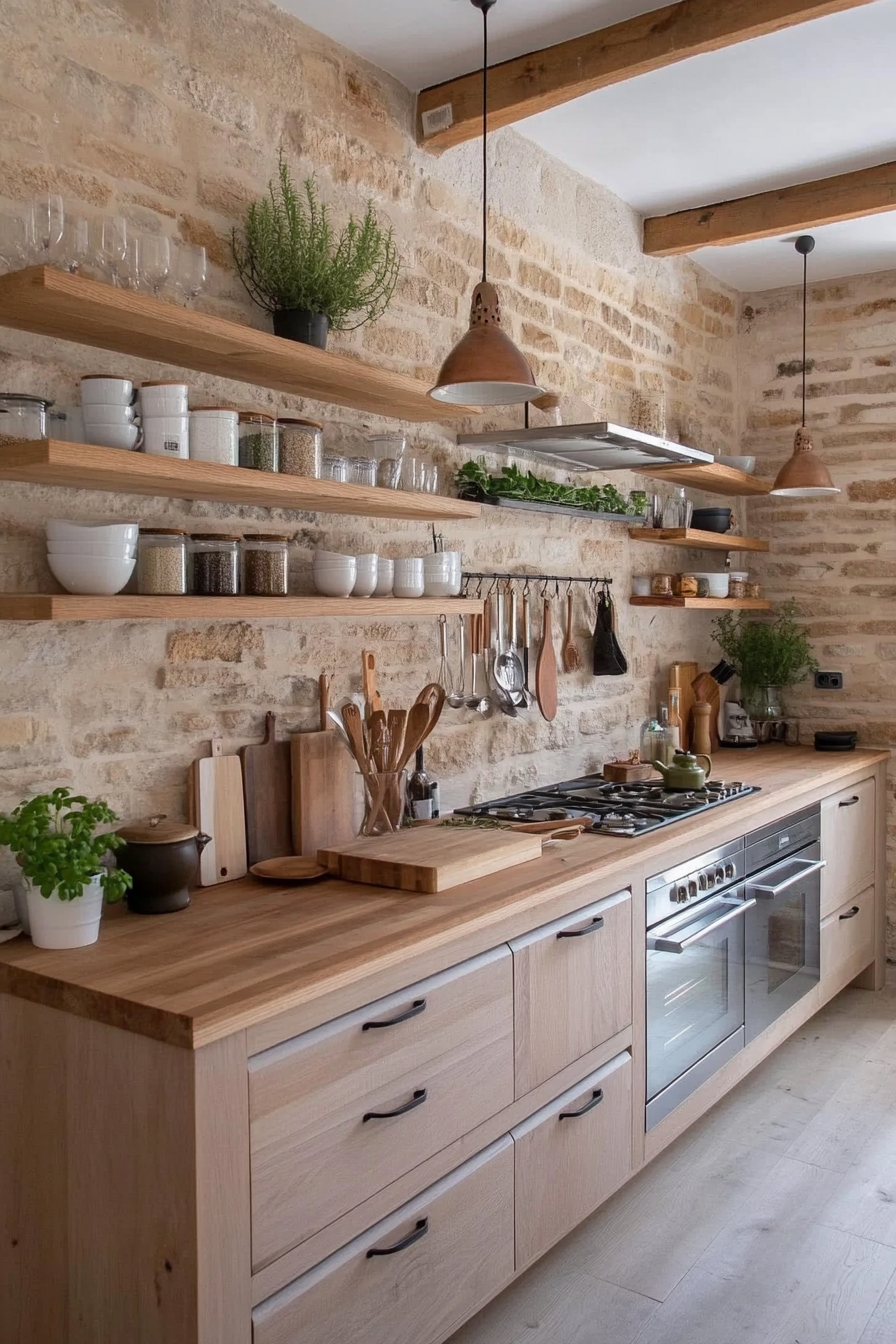 Stacked stone backsplash with wood accents and herbs