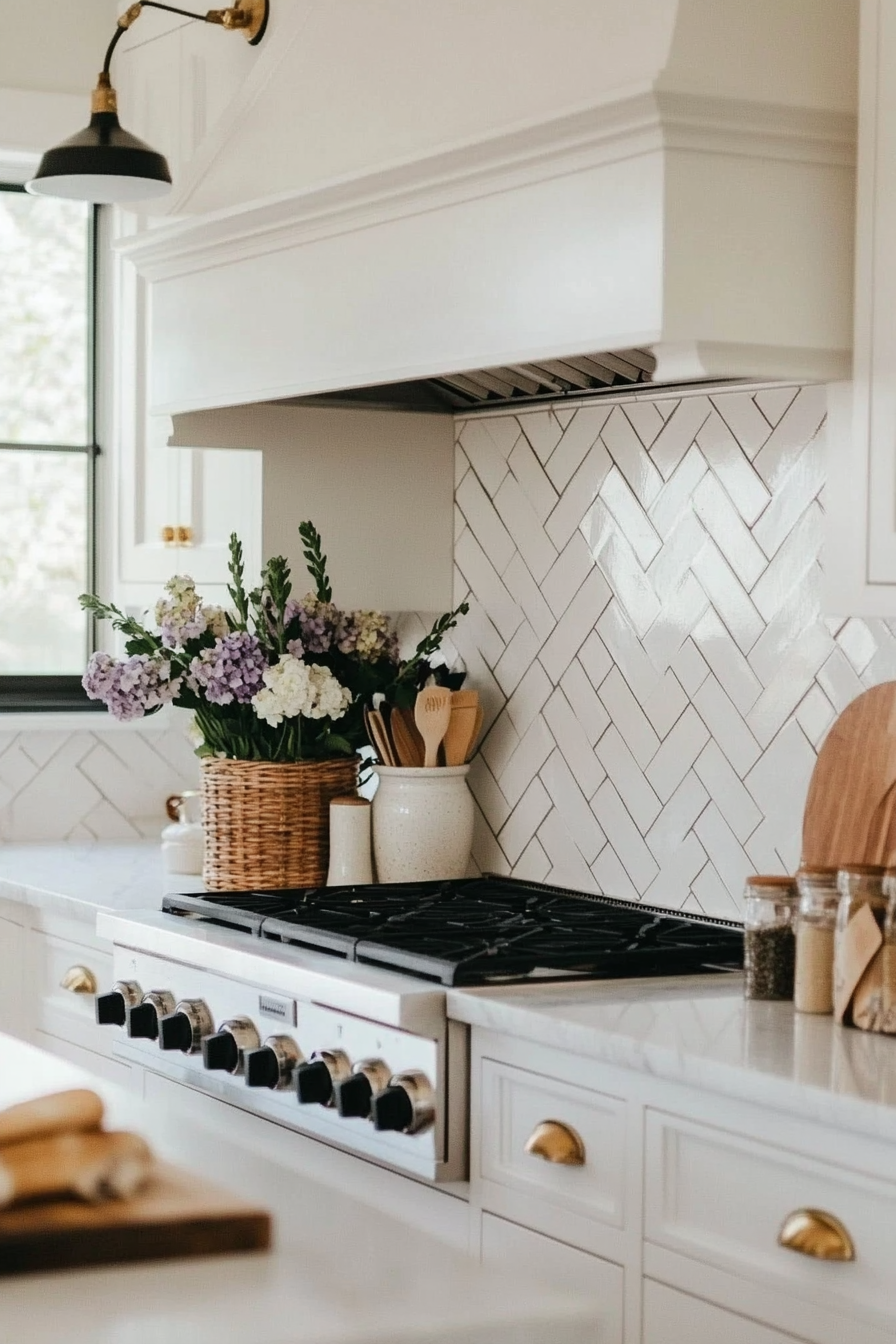 White herringbone subway tile with brass accents