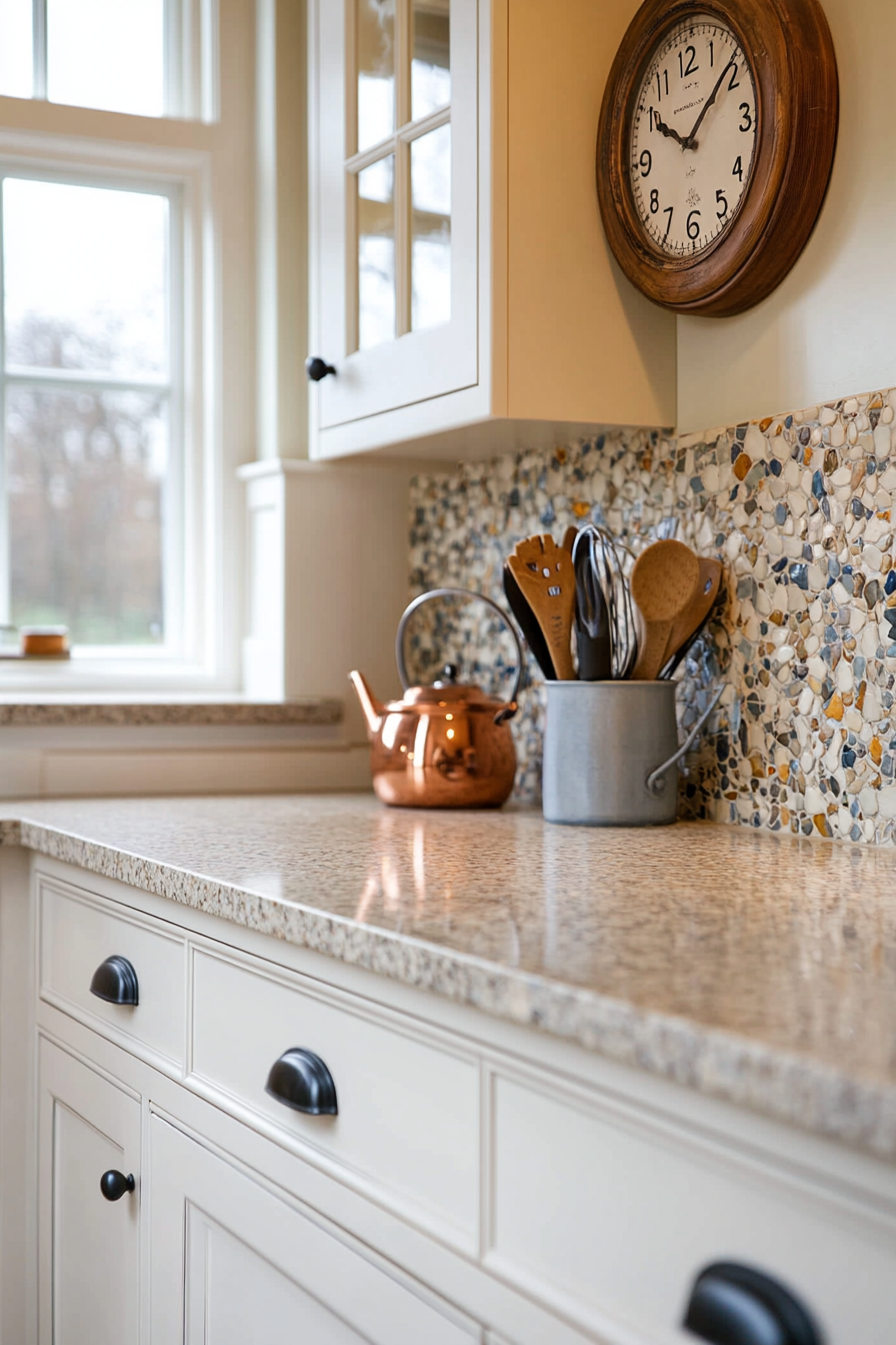 Mosaic backsplash paired with copper accents and vintage clock