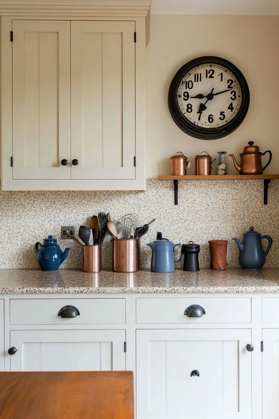 Mosaic tile backsplash in muted tones with vintage decor