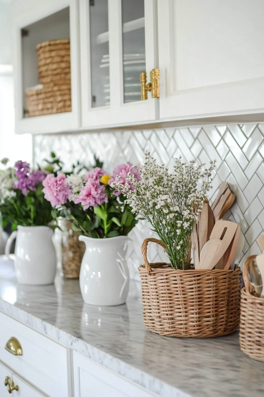 Herringbone tile backsplash paired with flowers and rustic decor