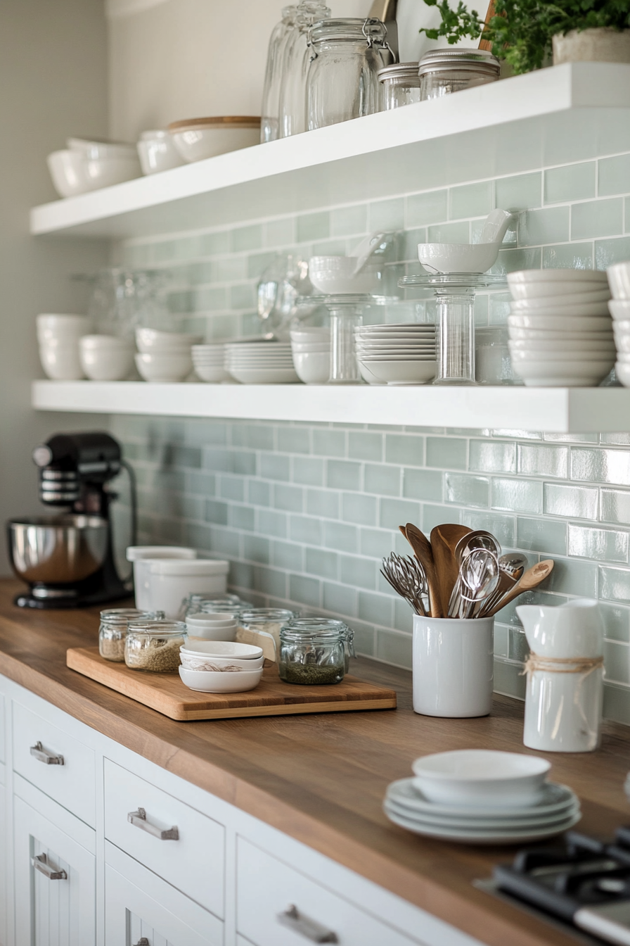 Glass tile backsplash with clear glasses and ceramic pieces