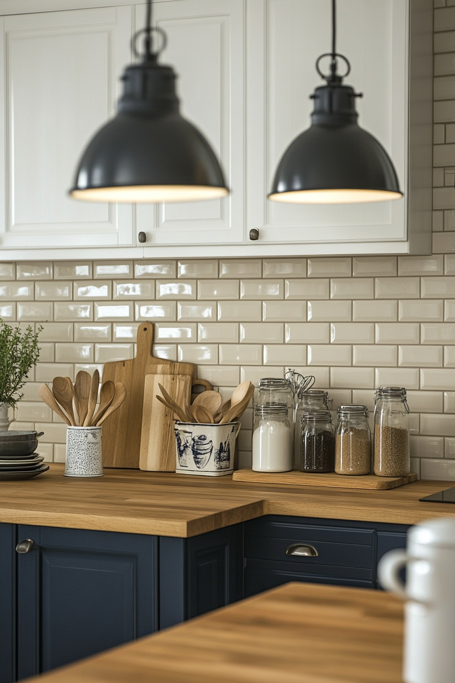 Large tiles paired with navy blue cabinets and rustic decor