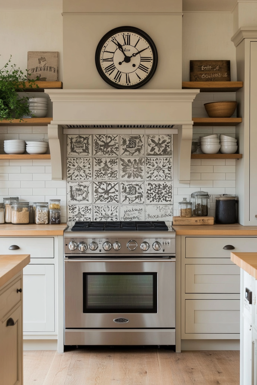 Mixed material backsplash with shiplap and tiles