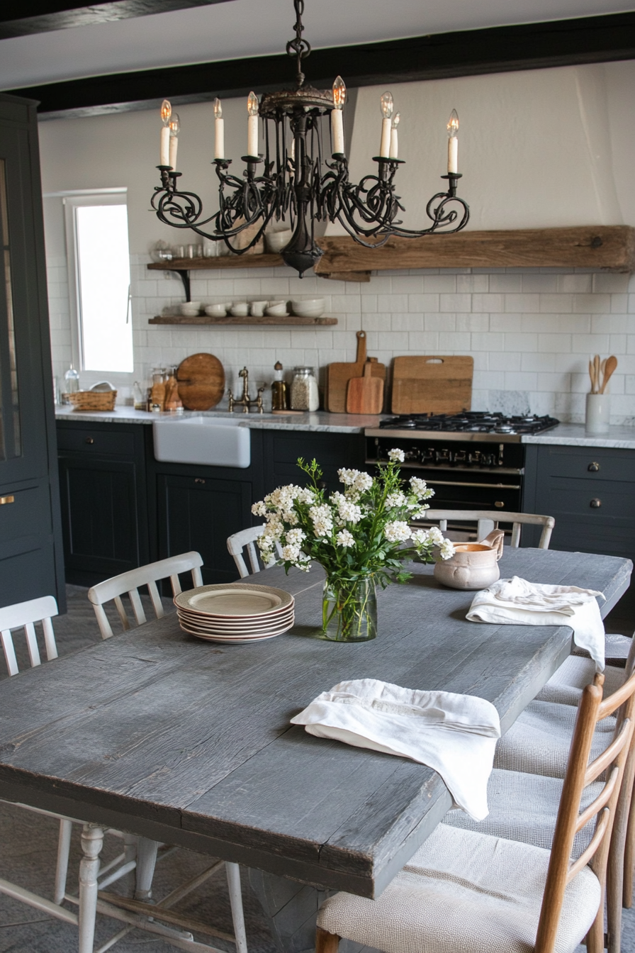 Gray farmhouse table with rustic decor