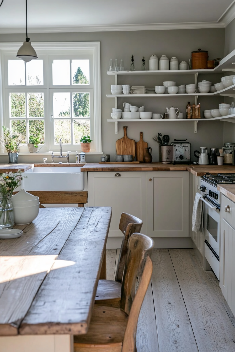 Light gray accents in a bright farmhouse kitchen